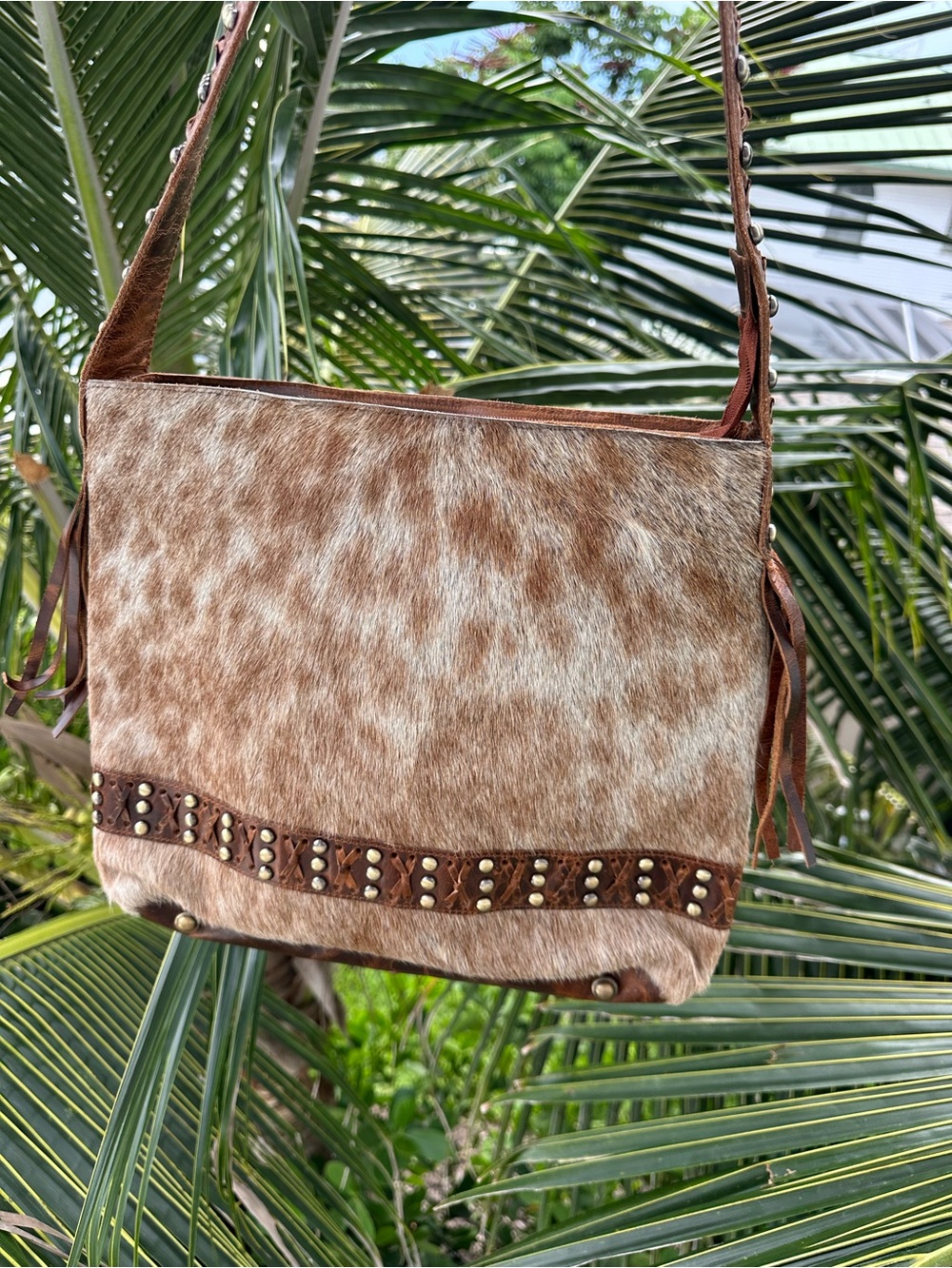 Brown Cowhide Crossbody Bag with Studded Trim